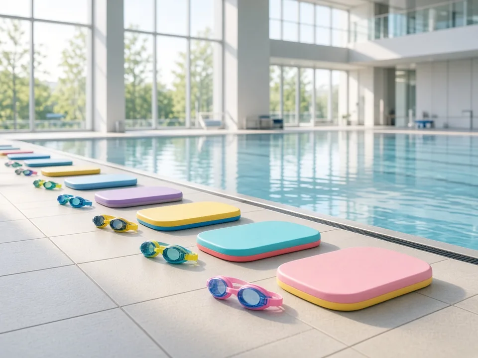 Equipo preparado para una clase grupal de natación infantil
