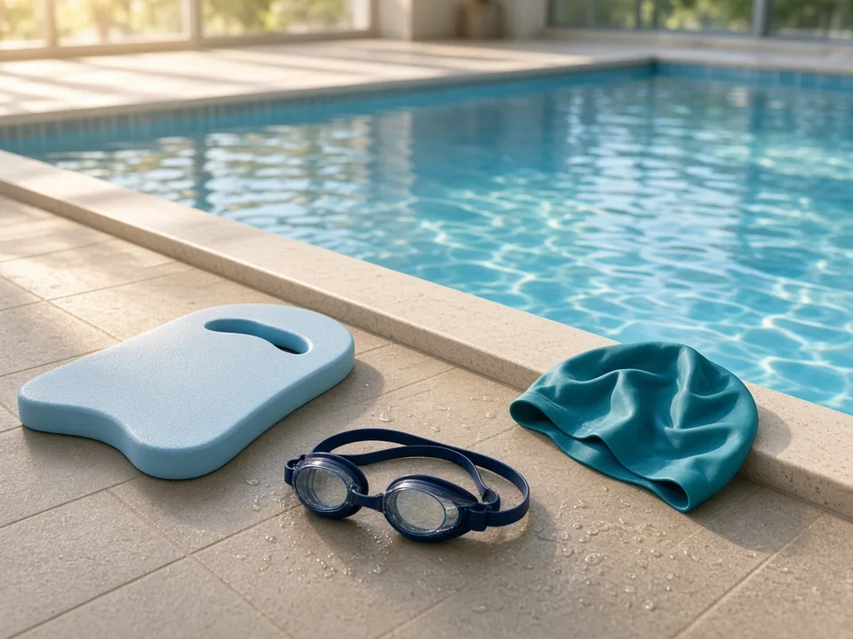 Tabla, goggles y gorro para clase de natación infantil