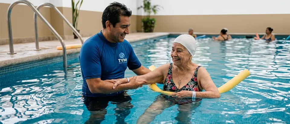 Instructor de TYM acompañando a una alumna en la alberca